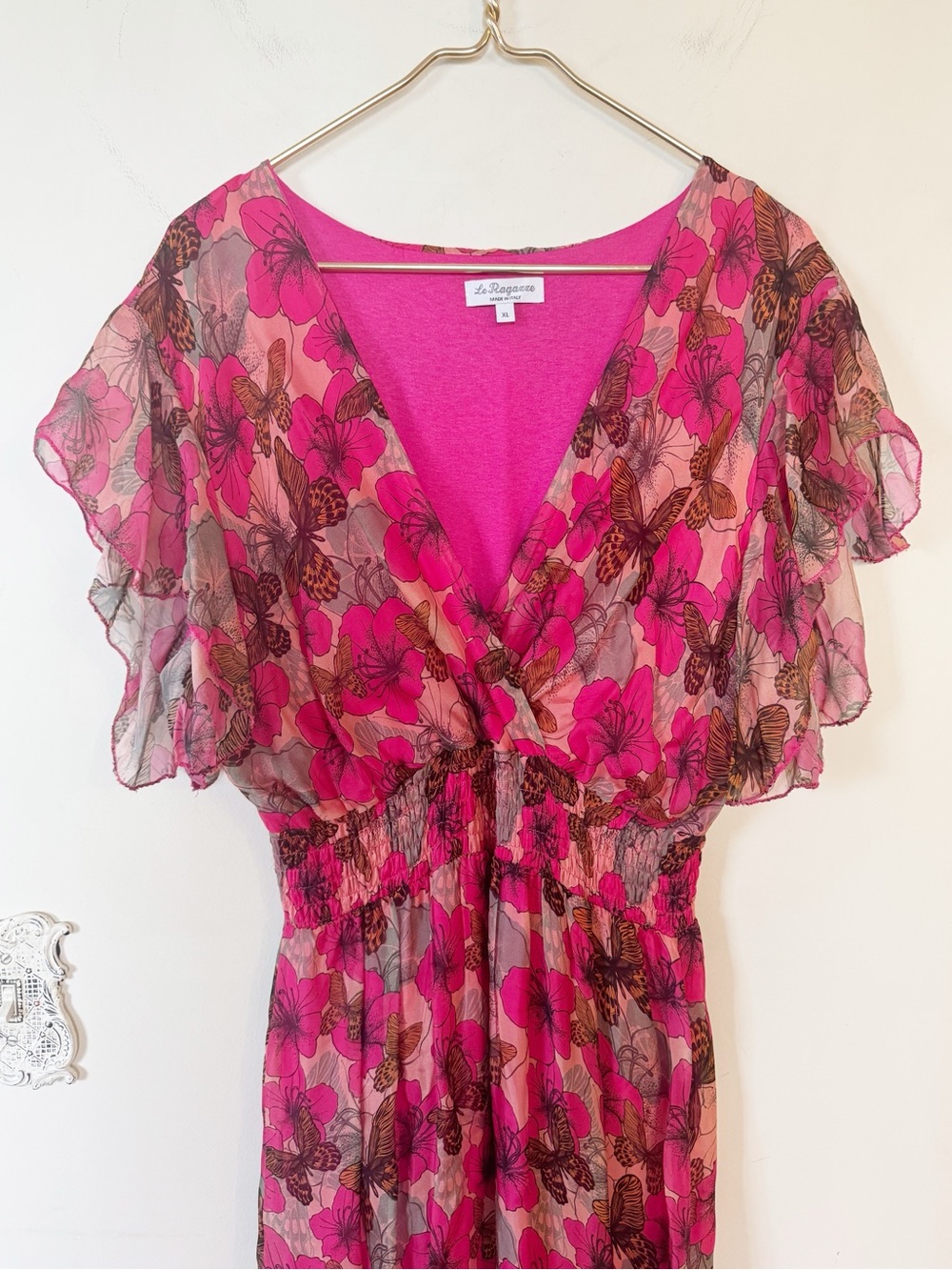 Le Ragazze Pink Floral Butterfly Flutter Sleeve Silk Maxi Dress XL - Picture 4 of 9